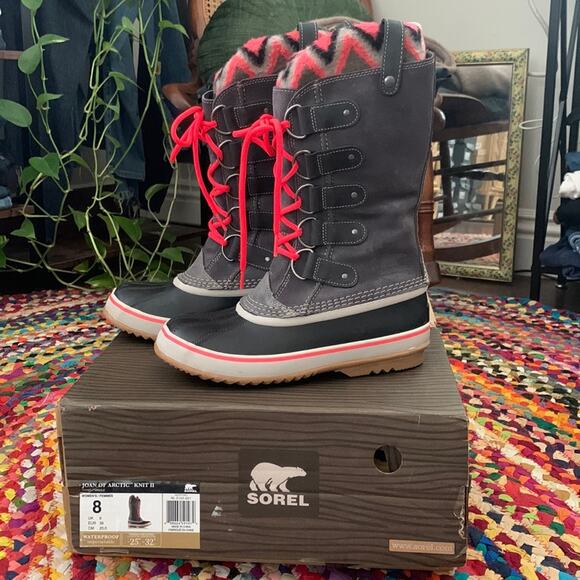 Sorel Shoes - Women’s Sorel Joan of Arctic Knit Gray & Hot Pink Waterproof Snow Rain Boots - 8